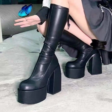 EGNMCR Bottes Mi-Mollet à Talons Hauts pour Femmes Bottes d'Hiver pour Femmes Rehaussées Longues Noires à Semelle Épaisse à Talon Haut Chaussures de Moto pour Femmes