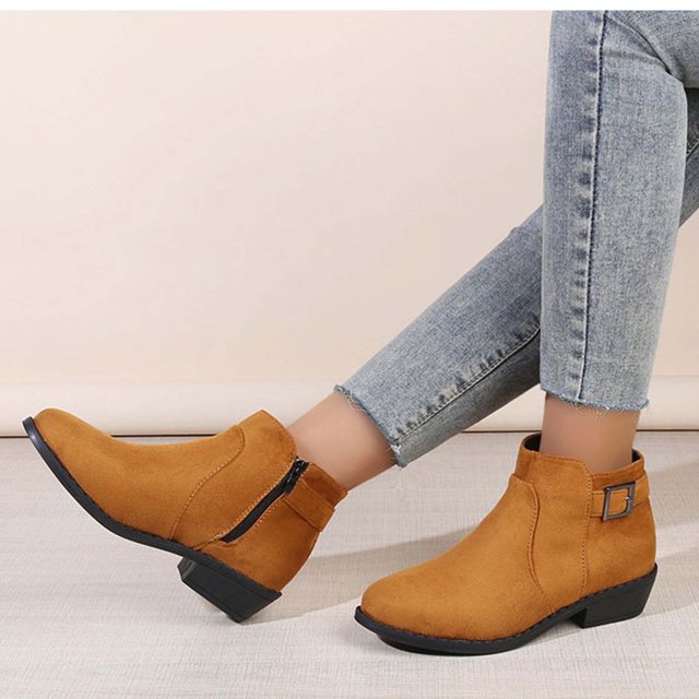 LSLJS Bottes à Talon Bas pour Femmes à Bout Rond avec Boucle de Ceinture en Cuir Métallique et Fermeture Éclair Latérale, Bottines et Bottillons pour Femmes, Bottes pour Femmes