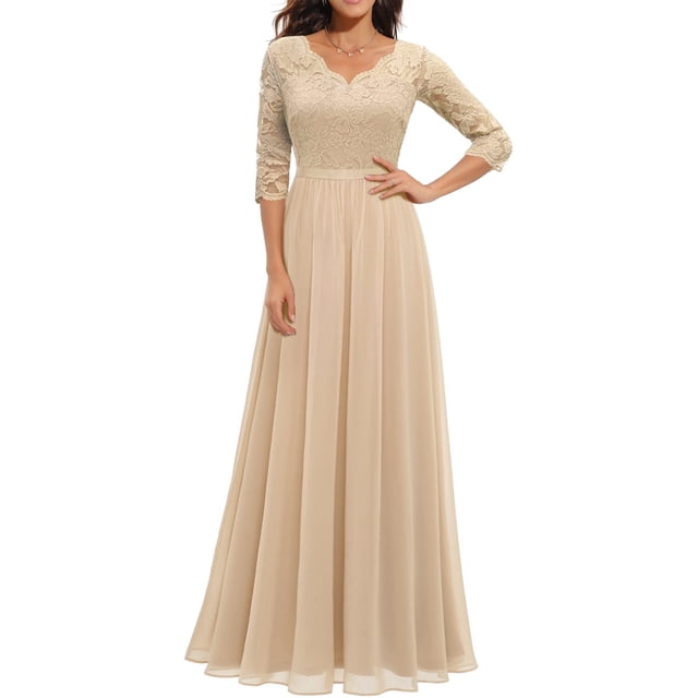 Faithtur Nouvelle Mode Femmes Longue Robe Couleur Unie Patchwork Dentelle V-Cou à Manches Mi Dos Sans Fermeture Éclair Robe Féminine
