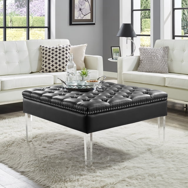 Inspired Home Stella Ottomane en Similicuir Table Basse Cocktail Carrée Capitonnée, Noir