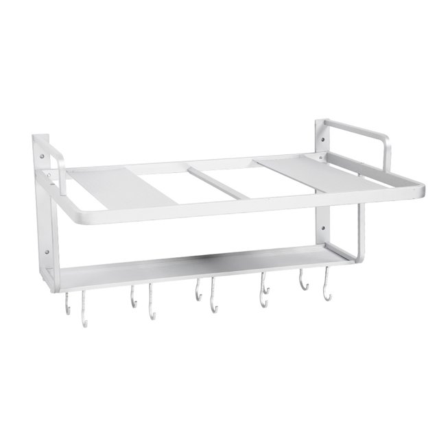 Microwave Rack Shelf, Wall Mounted Space Aluminum Double Layers Hanging Microwave Oven Rack Stand with 10 Hooks, Kitchen Storage Shelf Organizer Microwave Bracket Oven Rack Stand