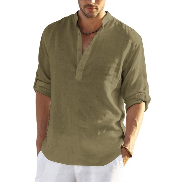 Wangsaura Men's Casual Shirt Solid Color Long Sleeve Stand Collar Button Tops