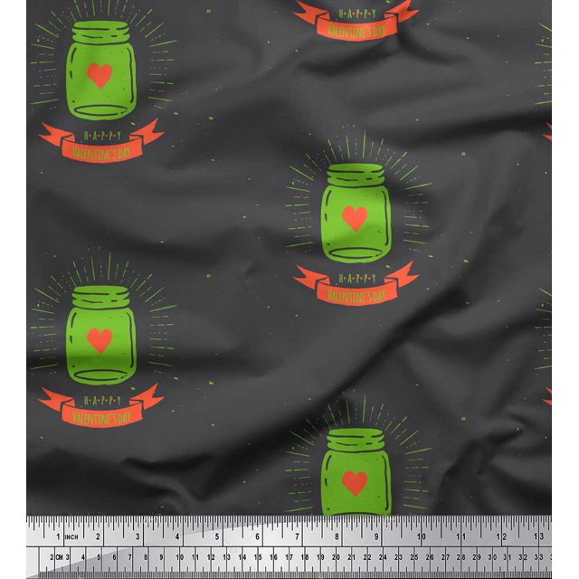 Soimoi Green Poly Georgette Fabric Jar & Happy Valentine Day Text Print Fabric by Yard 52 Inch Wide