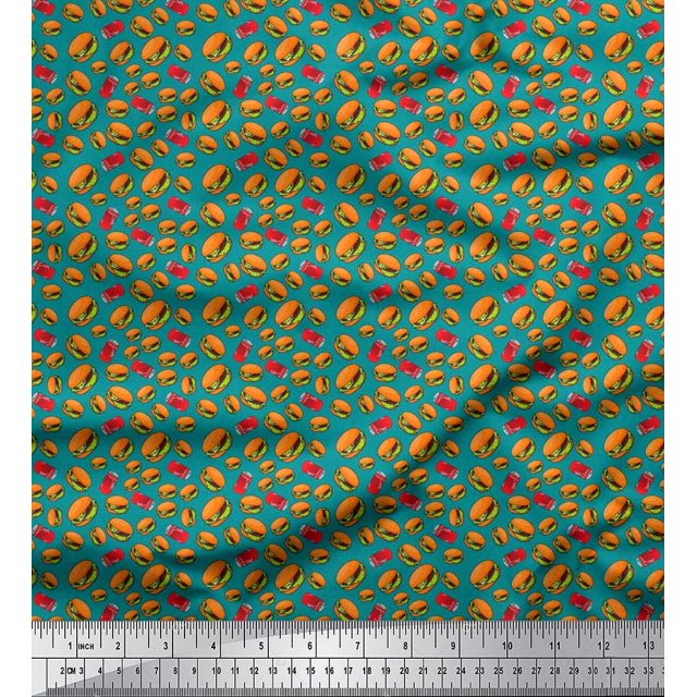 Soimoi Moss Georgette Fabric Coke & Burger Food Print Fabric by The Yard 42 Inch Wide