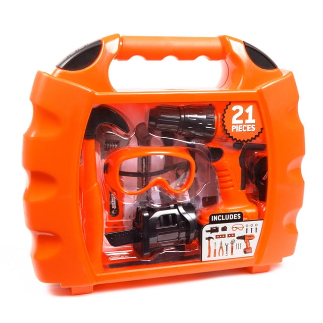 Big Boy's Workshop 21-Piece Power Drill Storage Case Pretend Play Set for Kids, featuring a vibrant orange hardcase with a clear front showcasing the included toy tools. The set includes a realistic electric toy power drill with spinning action and sound effects, safety goggles, and various hand tools. Designed for children aged 6 years and above, this playset encourages creativity and imaginative play. The compact storage case ensures easy portability and organization.