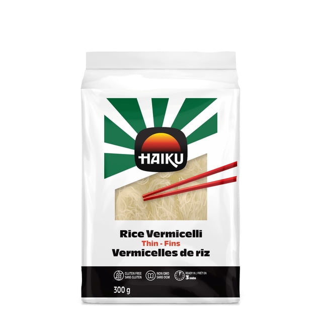 Haiku Rice Vermicelli, 300gr package with thin rice noodles visible through a clear window on a white bag featuring green sunburst and red chopsticks graphics, labeled gluten free, non-GMO, and ready in 3 minutes, ideal for Asian soups, salads, and stir-fries.
