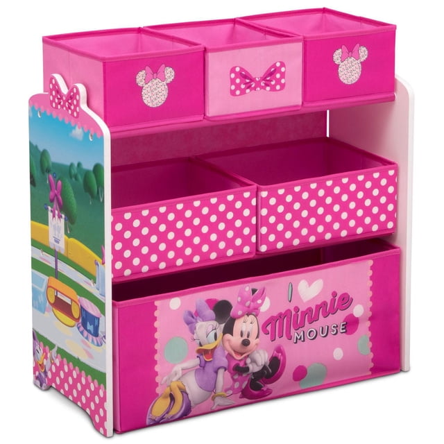 Disney Minnie Mouse 6 Bin Design and Store Toy Organizer by Delta Children front-facing freestanding organizer with engineered wood and solid wood frame, six removable fabric bins in three sizes, Minnie, Daisy and friends graphics, reusable vinyl cling stickers on the sides, assembled 24.61"L x 11.81"W x 26.57"H, ideal as a playroom organizer and suitable for storing toys or children's art supplies.