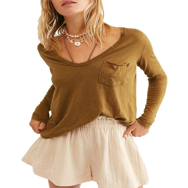 Women‘s Causal T-Shirt V Neck Long Sleeve Loose Fit Tops Solid Color Blouse Basic Tees