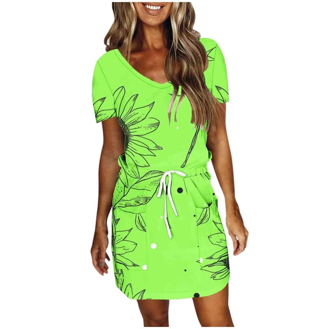 DPTALR Robe Mi-Mollet à Manches Courtes et Col en V pour Femmes, Jupes Courtes Rétro pour Dames, Jolies Robes d'Été pour Sorties pour Filles