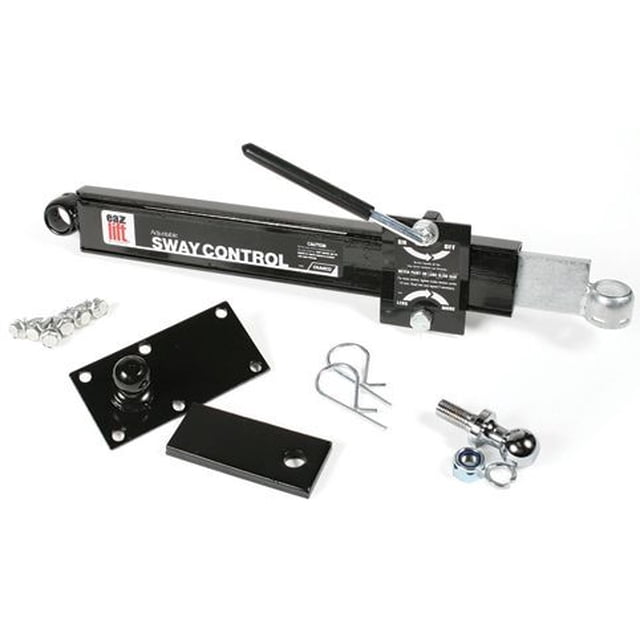 Camco Eaz-Lift Weight Distribution Hitch Sway Control for RV trailers, shown in black with included components such as a slide bar, crank handle, spring clips, friction plate, ball tongue plate, self-tapping screws, and a chrome tongue ball. Designed for right-hand mounting, it features heavy-duty steel construction and adjustable sway control to minimize trailer sway caused by wind or passing trucks. Ideal for RVs, campers, and heavy trailers.