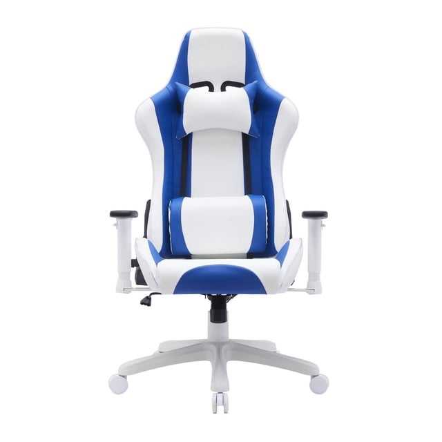 Skylar Chaise de Gaming, Blanc/bleu, Chaise de Gaming Ergonomique avec Coussins Rembourrés Blancs et Bleus, Accoudoirs Réglables, Coussins de Soutien Lombaire et pour la Tête, base en nylon Enduit de Poudre de 350 mm avec Cinq Roulettes Doubles de 50 mm pour une Mobilité Facile, Levage Hydraulique de la Hauteur et Mécanisme d'Inclinaison et d'Inclinaison Adapté aux Installations de Gaming et de Bureau.