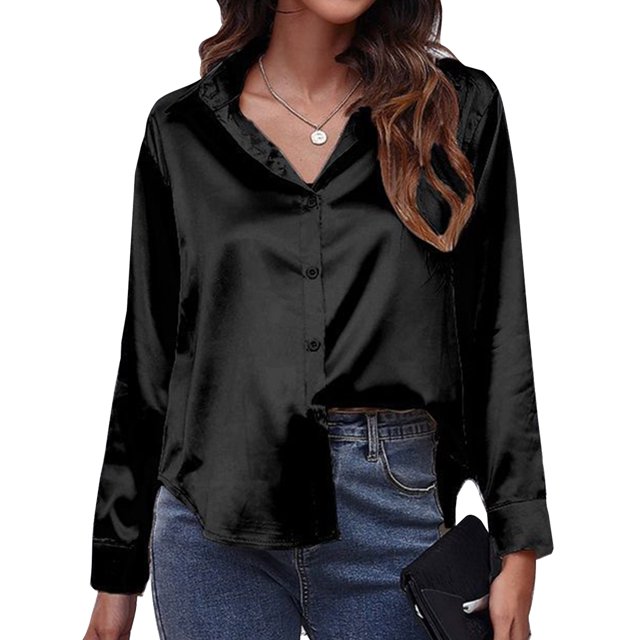 Innerwin Tops Lapel Neck Women Shirts Work Button Down Single Breasted Blouse Black M