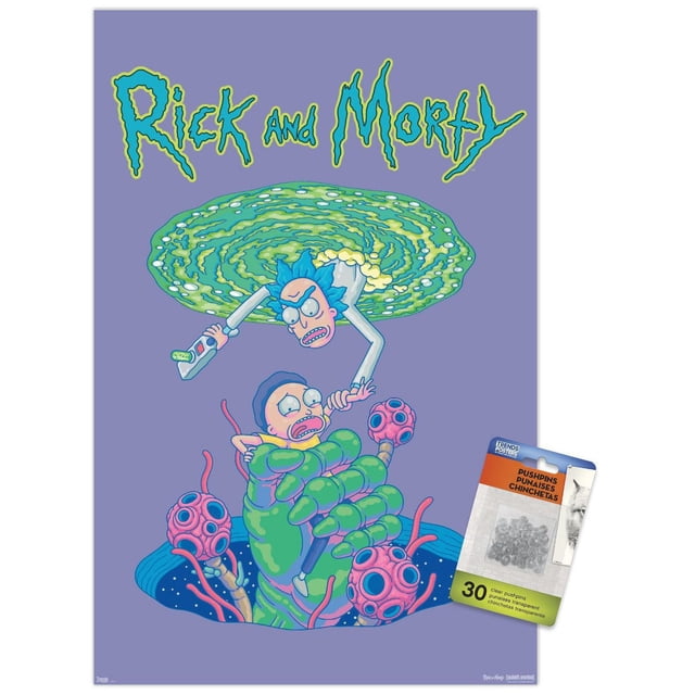 Rick And Morty - Affiche Murale d'Automne Portal, 22,375 Pouces x 34 Pouces Représentant Rick Tenant un Pistolet Futuriste Émergeant d'Un Portail Vert Tourbillonnant au-Dessus de Morty, Qui Est Attrapé par une Grande Main d'Extraterrestre Verte avec des structures en Forme de Tentacule Rose sur un Fond Violet, Imprimée sur Papier Brillant avec Supports Adhésifs Inclus, Convient pour Décorer des Chambres, des Bureaux Ou des Dortoirs.