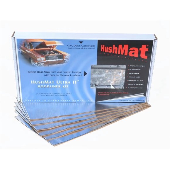 HushMat Sound Dampening Kit 50100 Ultra II; Hoodliner Kit; Use To Reduce Heat And Noise; 1.5 Millimeter Thickness; Butyl With Aluminum Backing; Silver; 23 Inch Length x 12 Inch Width; 6 Sheets