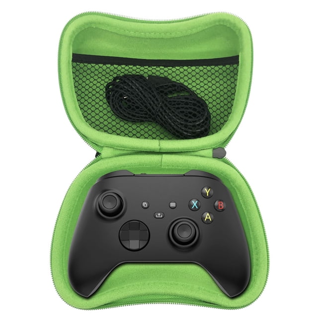 Surge Xbox Series X Controller Starter Kit showing a black Xbox Series X controller inside a lime green EVA travel case with a zippered mesh pocket holding a black charging cable, designed for controller protection and customization.