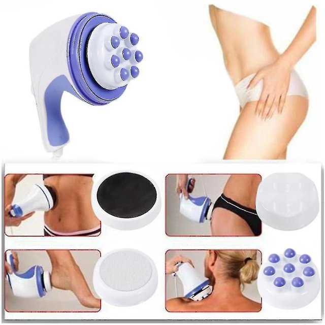 Electric Massager Anti Cellulite Device Body Fat Loss Vibration Massage by Yeater. The device features a white and purple design with an ergonomic handle and interchangeable massage heads. Includes four massage heads, a protective cover, and a 160cm cord. Suitable for targeting cellulite and body fat reduction on areas like the abdomen, thighs, and back. Made from ABS and PP materials, it operates on 110V-240V with a power of 25W. Product dimensions are 17x15x11cm, and it weighs 868g.