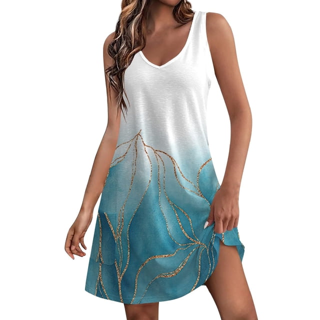 Pisexur Robes d'Été pour Femmes Plage Décontractées Robe Midi Sans Manches avec Imprimé floral et design Style Camisole. la Robe Est Présentée en Dégradé Blanc-Bleu avec accents Dorés, Coupe Ample et une Poche sur un Côté. Fabriquée en polyester Léger, Elle Est Conçue pour les occasions Décontractées et de Plage. le Modèle Porte la Robe au-Dessus du Genou, Mettant en Valeur Sa Coupe Sans Manches et l'Ourlet Évasé.