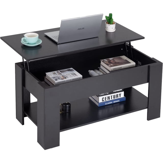 FDW Lift Top Coffee Table in black with a modern melamine veneer finish, engineered wood construction, and scratch-resistant surface. Features a lift-top design revealing a hidden compartment for storing items like laptops and remotes. Includes two lower shelves for additional storage, suitable for books or blankets. Ideal for living rooms, reception areas, or offices.