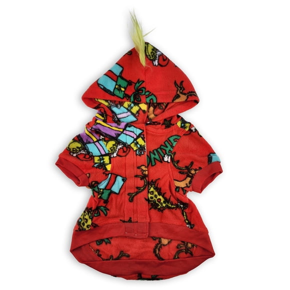 Des Fêtes Grinch Manteau pour Chien 1-Pièce à Imprimé Intégral Coloré pour Votre Compagnon Poilu. Fait de Micropolaire Douillette, Cette Veste à Capuche 1-Pièce Est Douce et Confortable.