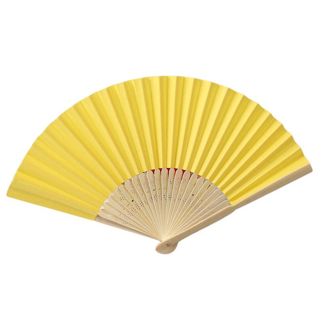 Rinsvye Solid Fan Folding Hand Fan for party, wedding, and dance use, featuring a yellow silk pattern with gold decorations along the plastic ribbing. The fan measures approximately 21 cm in rib length and 38 cm in amplitude when fully opened. Made from cloth, edging, and plastic ribbing, it offers smooth opening and closing. Suitable for stage performances, business gifts, or as a decorative accessory.