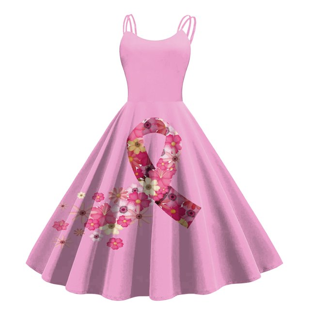 TJAZFJPA Robe Bleue Robes Cancer Robe Femmes Cancer Robe Ruban Rose Sensibilisation au Cancer Imprimé Sans Manches Robe Années 1950 Plus Forte Que le Cancer Robe à Manches Courtes Femme Robe d'Été Robes de Plage