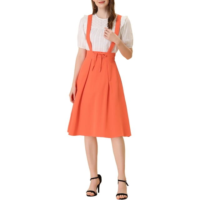 Unique Bargains Jupe Midi Plissée à Bretelles Rétro à Taille Élastique pour Femme Orange TP