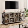 thumbnail image 2 of 8 Cube Storage Organizer Bookshelf, 3-Tier Metal Horizontal Bookcase Rustic Wood Cubby Bookcase, Industrial Horizontal Long Shelf for Living Room (Grey, 62 Inch), 2 of 7