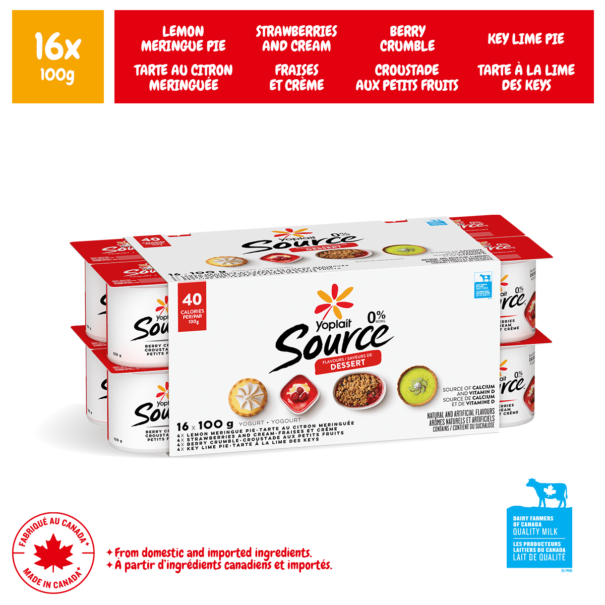 Yoplait Source 0% Smooth Traditional Yogurt Cups Variety, No Added Sugar, 16x100g