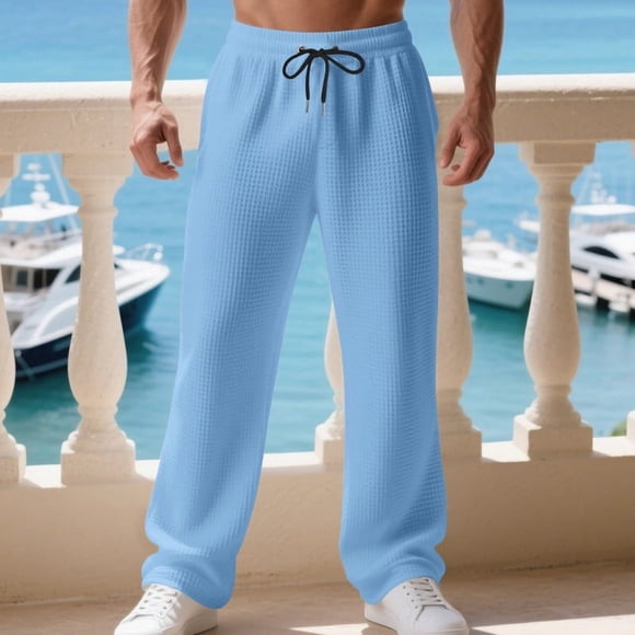 Tunhigl Cotton Linen Pants Men Casual Loose Fit Elastic Drawstring Waist Summer Beach Pants mens pants(Light Blue,XL)