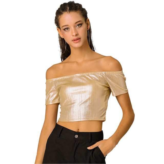 INSPIRE CHIC Women's Metallic Shiny Party Off Shoulder Crop Top