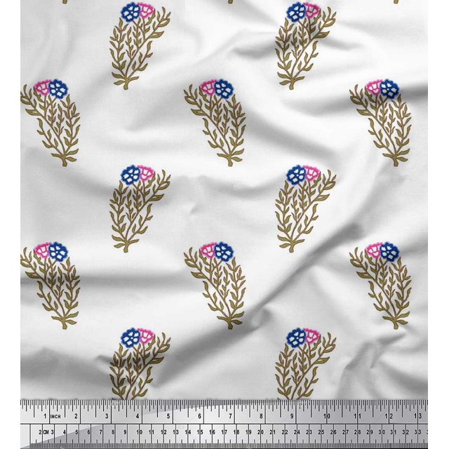 Soimoi Modal Satin Fabric Leaves & Floral Block Print Sewing Fabric Yard 42 Inch Wide