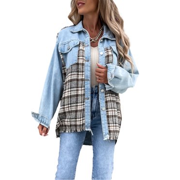 Women‘s Casual Long Sleeve Lapel Pocket Wash Imitation Old Denim Jacket