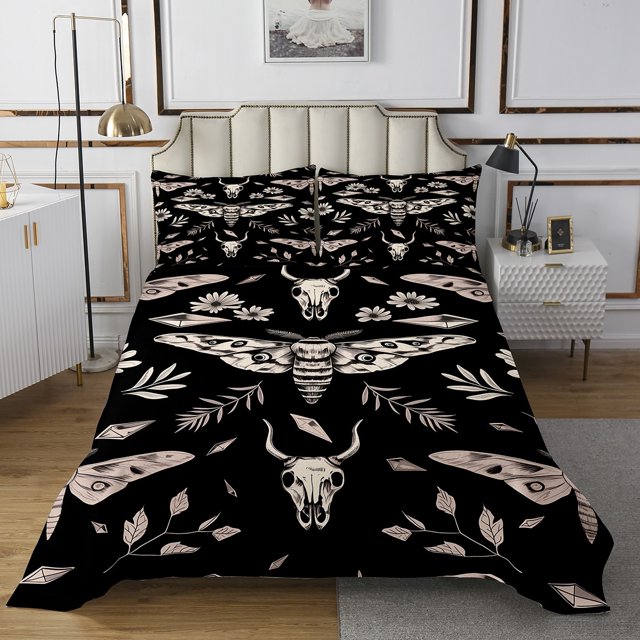 Erosebridal Kids Gothic Moth Coverlet Set Queen, Hippie Skull Bedding Set, Retro Baroque Decor