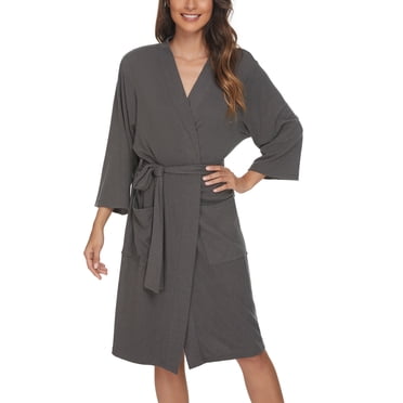 U2SKIIN Peignoirs pour Femmes, Peignoir Léger en Coton Manches 3/4 Tricoté Doux Vêtement de Nuit Tenue de Détente pour Dames,(Gris Foncé Chiné,2TG)