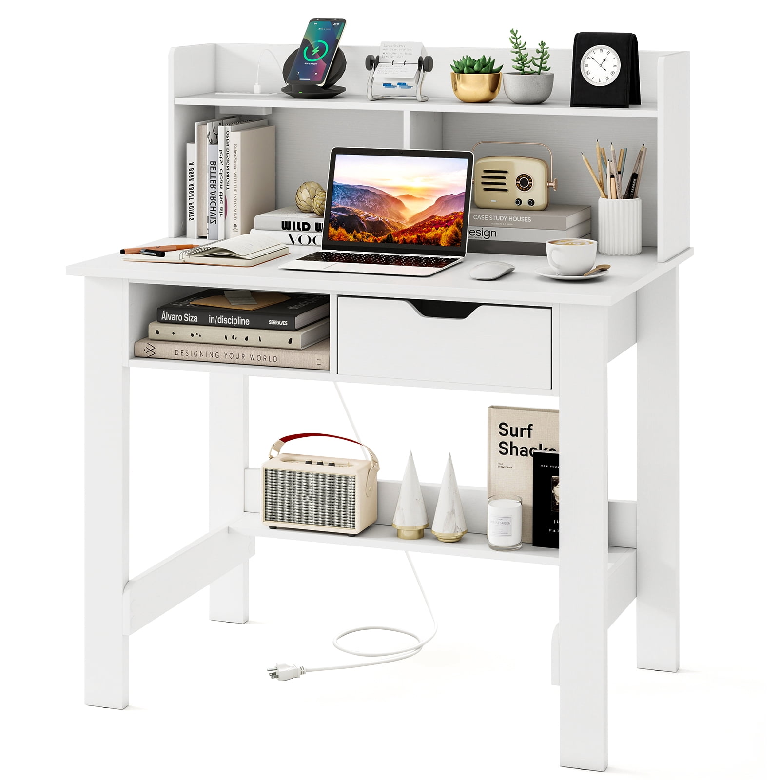 Gymax Modern Computer Desk w/ Charging Station USB & Type C Port