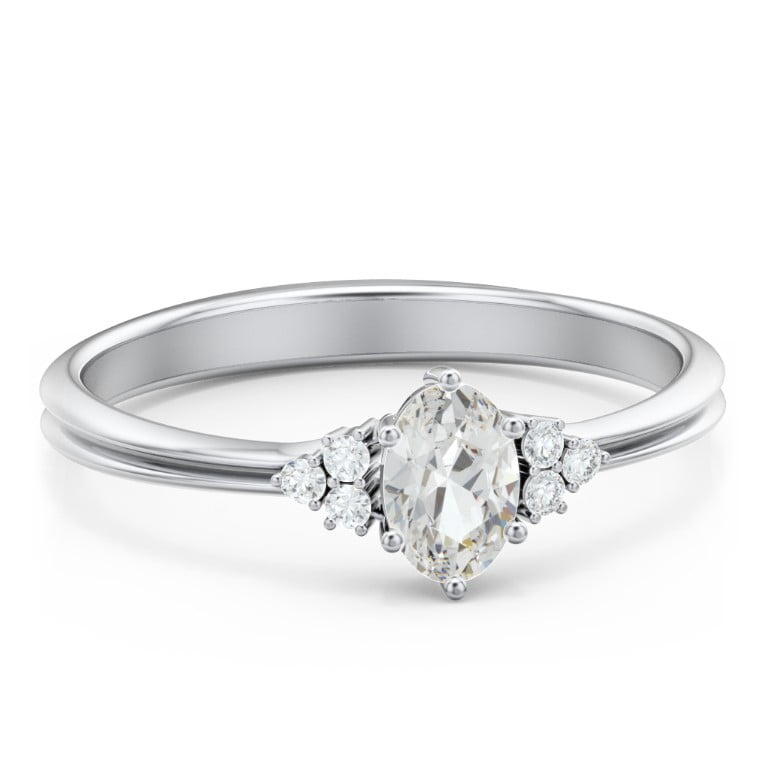 Birthstone Oval Ring with Shoulder Accents - Diamond/White Topaz (April)