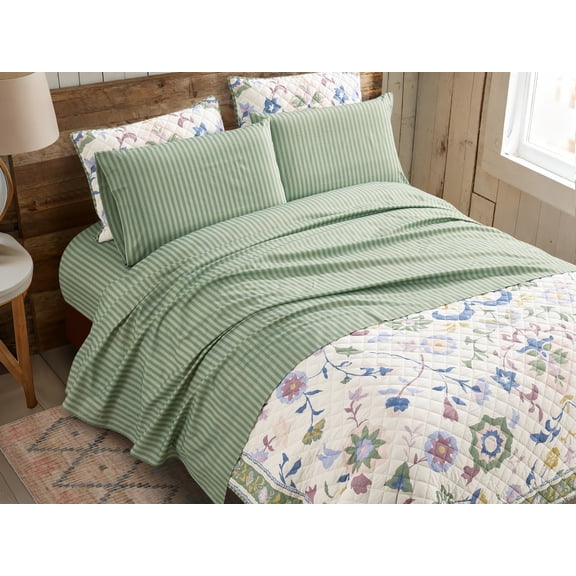 Mainstays Ensemble de housse de couette à rayures volantées Double/Grand lit, 3 pièces, Vert, Adulte.