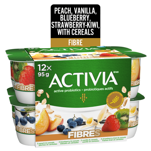 Activia Probiotic Yogurt, Fibre, Peach/Blueberry/Vanilla/Strawberry-Kiwi, 12x95g