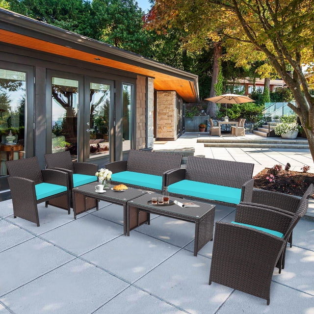 Costway Ensemble de Mobilier de Terrasse en Rotin 8 Pcs avec Coussins turquoise, Incluant 2 Causeuses, 4 Chaises Simples et 2 tables Basses en Verre Trempé. Fabriqué en Rotin Brun Résistant aux Intempéries, Cet Ensemble de conversation Extérieur Est Idéal pour les patios, le Bord de la Piscine Ou les Cours Arrière. Doté d'Une construction durable et d'Un design Moderne.