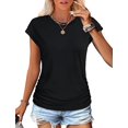 thumbnail image 2 of T-shirts d'Été pour Femmes Froncés à Manches Courtes Style Cap, T-Shirts à Col Rond, Mode, Noir, G, 2 of 8