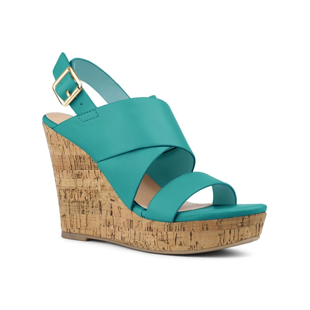 BLISSFUL STEP Sandales pour Femmes à Talons Compensés à Plateforme avec Bride à la Cheville Sandales Vert Lac 7