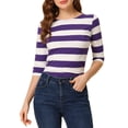 thumbnail image 1 of INSPIRE CHIC Chemises Rayées pour Femmes Coupe Ajustée Manches au Coude T-Shirt Col Bateau L Violet Blanc, 1 of 6