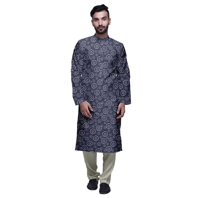Atasi Ensemble Kurta Traditionnel en Satin Slub Imprimé à Col Mandarin pour Hommes