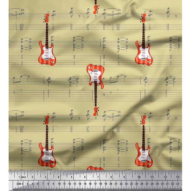 Soimoi Beige Heavy Satin Fabric Notes & Guitar Musical Instrument Fabric Prints By Yard 54 Inch Wide