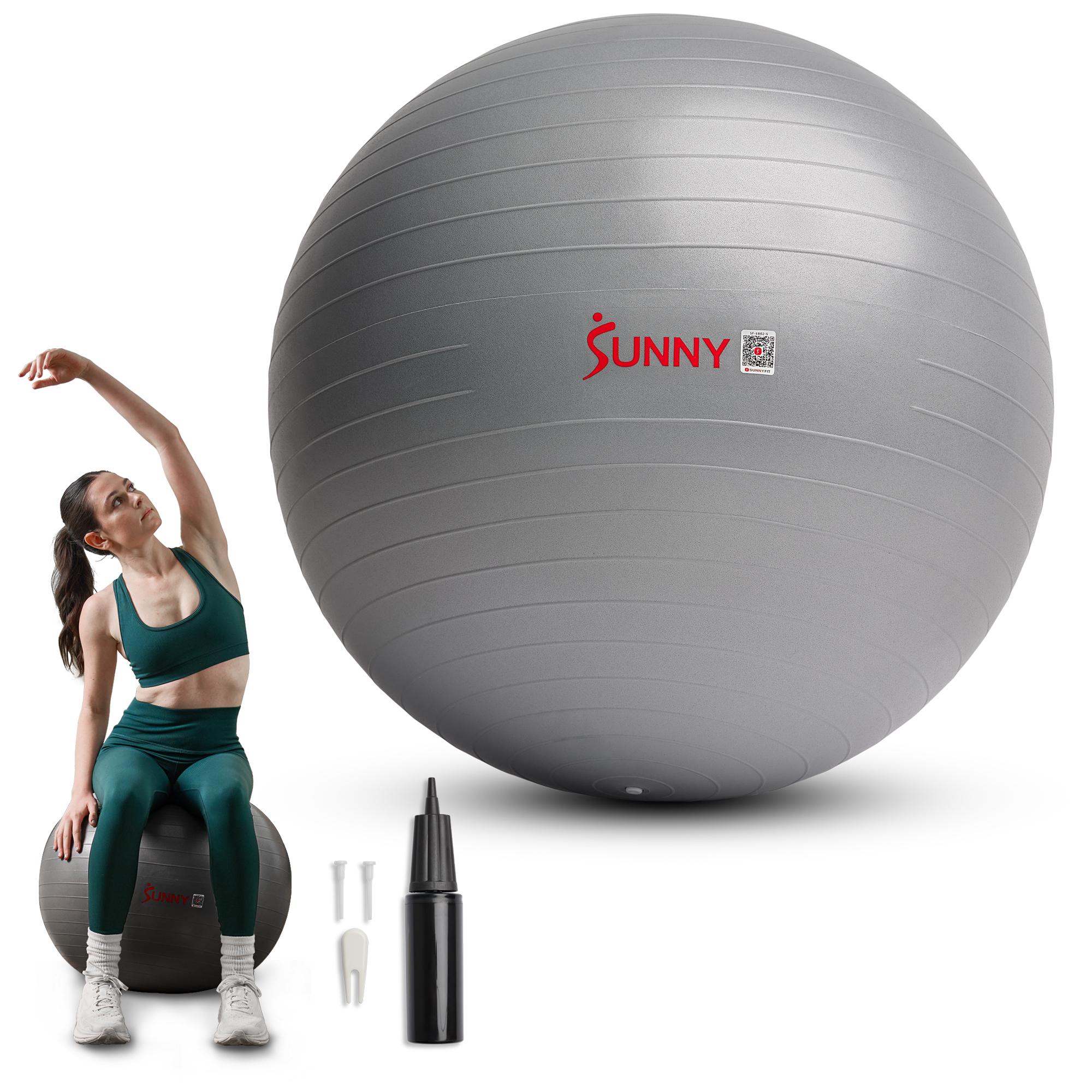 Balle de yoga premium Sunny Health & Fitness de 55 cm, anti-burst et extra épaisse. Idéale pour l’entraînement, la grossesse, la kinésithérapie et la stabilité sur chaise. Inclut une pompe