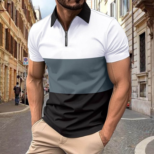Chemises pour Hommes, Mode Homme Décontractée Couleur Unie Fermeture Éclair Manches Courtes Col Rabattu Blouse