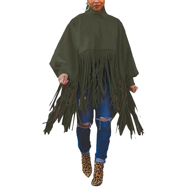 Haut à Franges à Col Montant à Manches Longues pour Femmes, Grande Taille, Poncho à Franges