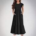 thumbnail image 1 of VKOYWKM Robe Décontractée pour Filles Été à Volants Manches Courtes Robes à Étages Décontractées Col Ras du Cou Ample Évasée Robe Maxi avec Poches pour 6-12 Ans, 1 of 6