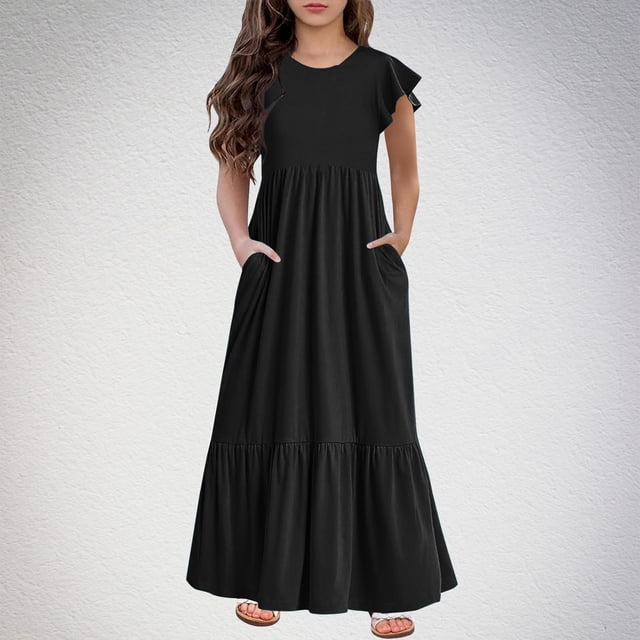 VKOYWKM Robe Décontractée pour Filles Été à Volants Manches Courtes Robes à Étages Décontractées Col Ras du Cou Ample Évasée Robe Maxi avec Poches pour 6-12 Ans