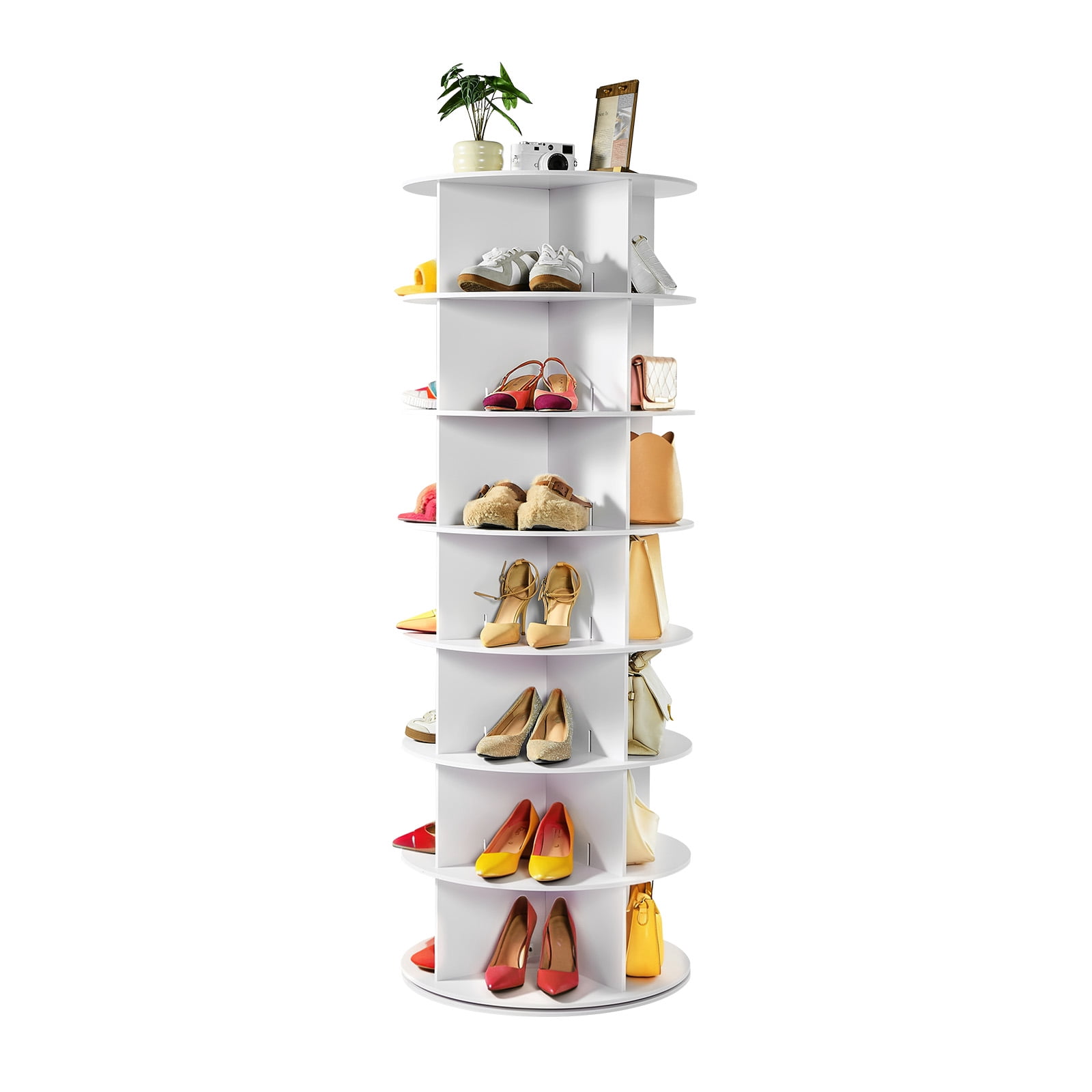 KFFKFF 7 Tiers Rotating Shoe Rack Tower, 360° Spinning Shoe Rack, Revolving Storage Round Carousel Display, Freestanding Lazy Susan Organizer Display, White